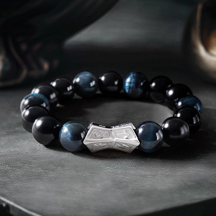 AWNL® Men's Beaded Bracelet with Sterling Silver Engraved Runes Charm 12mm Bronzite Dumortierite Obsidian Natural Gemstone Gift for Men, 6.1''-7.9''