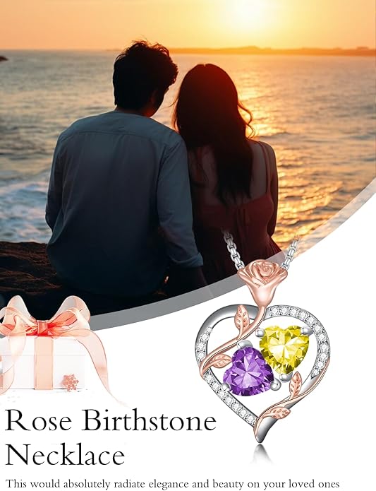 Jewelry for Her Double Heart Rose Birthstone Pendant Necklace Anniversary Jewelry Christmas Birthday Gifts for Women Wife Girlfriend