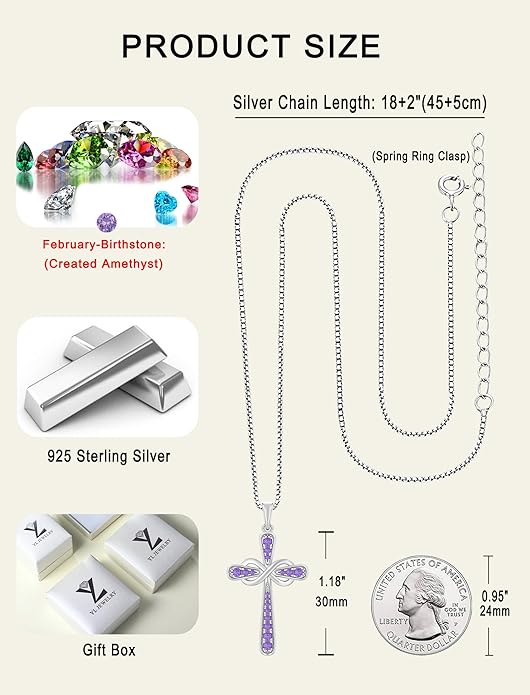 YL 925 Sterling Silver Cross Necklace for Women Halo Infinity Pendant Birthstone Jewelry for Mom
