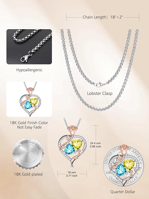 Jewelry for Her Double Heart Rose Birthstone Pendant Necklace Anniversary Jewelry Christmas Birthday Gifts for Women Wife Girlfriend
