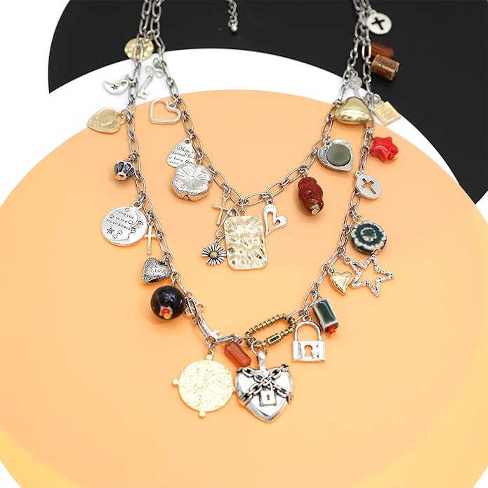 Chunky Retro Heart Necklace for Women Antique Layer Beach Ocean Moon Stars Western Boho Charm Necklaces Retro Link Chain Jewelry