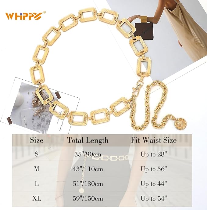 WHIPPY Metal Waist Chain Belt Women Adjustable Body Link Belts Ladies Fashion Chain for Jeans Dress