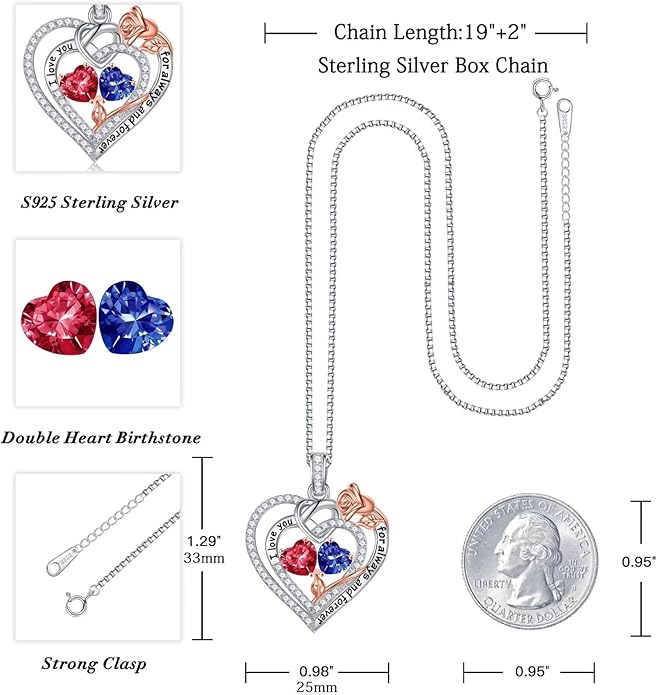 Iefil Rose Heart Necklace Gifts for Wife Women - 925 Sterling Silver Double Birthstone Necklace, Anniversary Birthday Gifts for Women, Jewelry Gift for Wife Girlfriend Mom Her