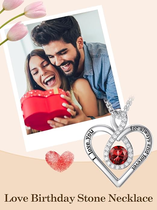 I Love You For Always and Forever Birthstone Necklace Infinity Love Heart Pendant Jewelry Christmas Valentine Mothers Day Birthday Gifts for Women Her Wife Girlfriend