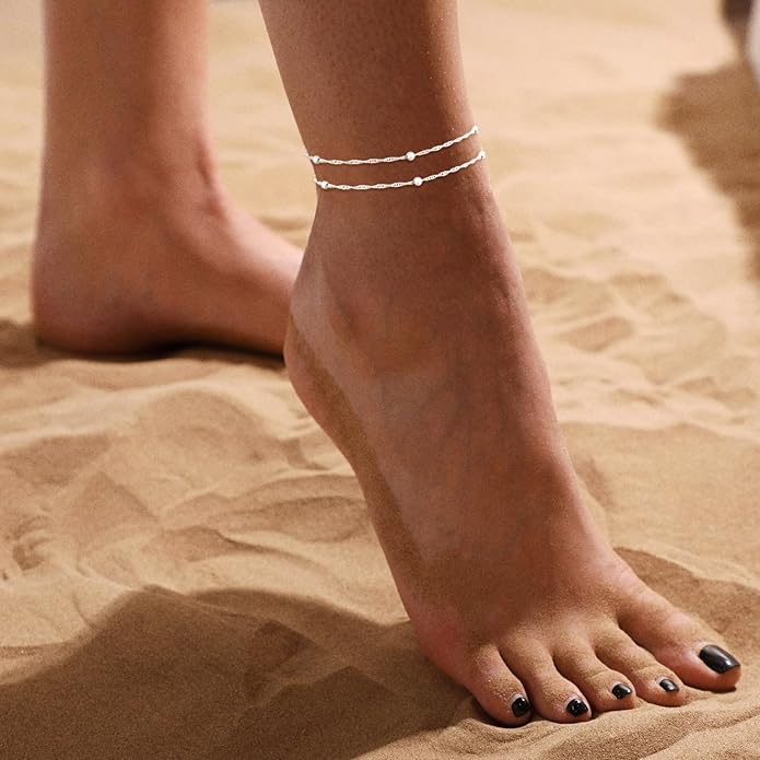 Ankle Bracelets for Women 14K Real Gold Silver Plated Ankle Bracelets Waterproof Heart Beads Rope Satellite Anklets Set Adjustable Layered Anklet Bracelets No Tarnish Summer Beach Jewelry Gift