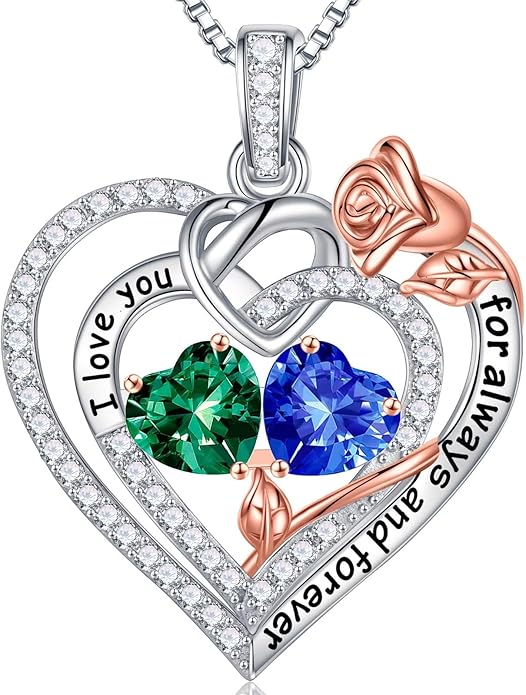 Iefil Rose Heart Necklace Gifts for Wife Women - 925 Sterling Silver Double Birthstone Necklace, Anniversary Birthday Gifts for Women, Jewelry Gift for Wife Girlfriend Mom Her