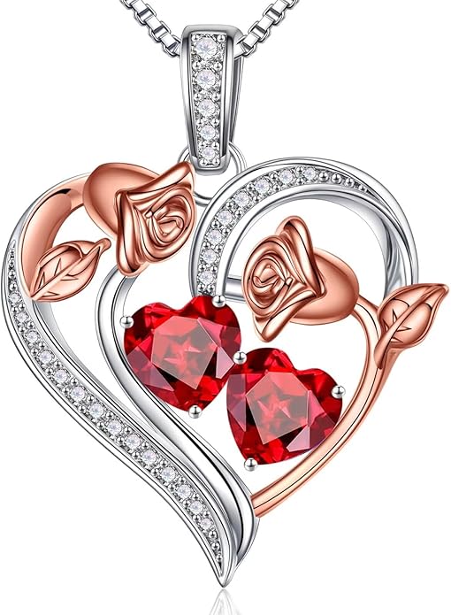 Iefil Birthstone Necklace for Women - 925 Sterling Silver Rose Heart Necklace, Birthstone Jewelry, Anniversary Birthday Gifts for Wife Girlfriend Mom Daughter