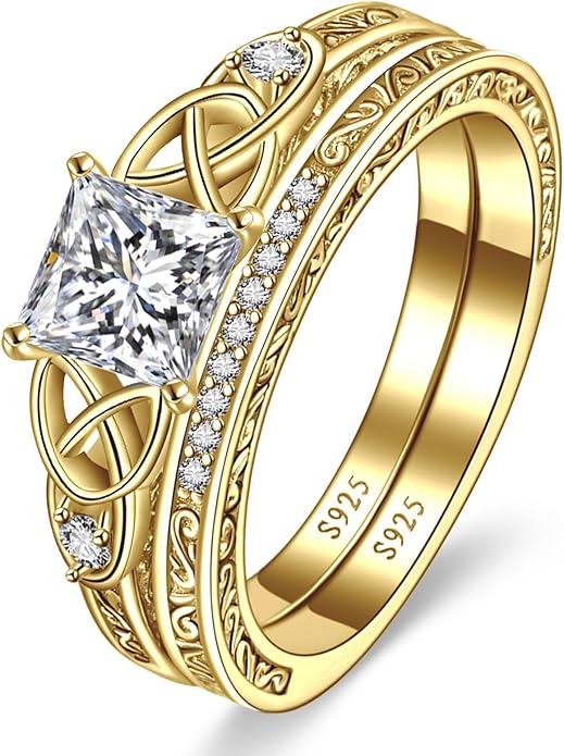 Vintage Celtic Knot Women's Engagement Ring Sets 925 Sterling Silver/14K Gold Plated Stackable Wedding Bands Rings AAAAA Cubic Zirconia Women Bridal Sets Wedding Ring Band Width 1.8mm Size 5-9