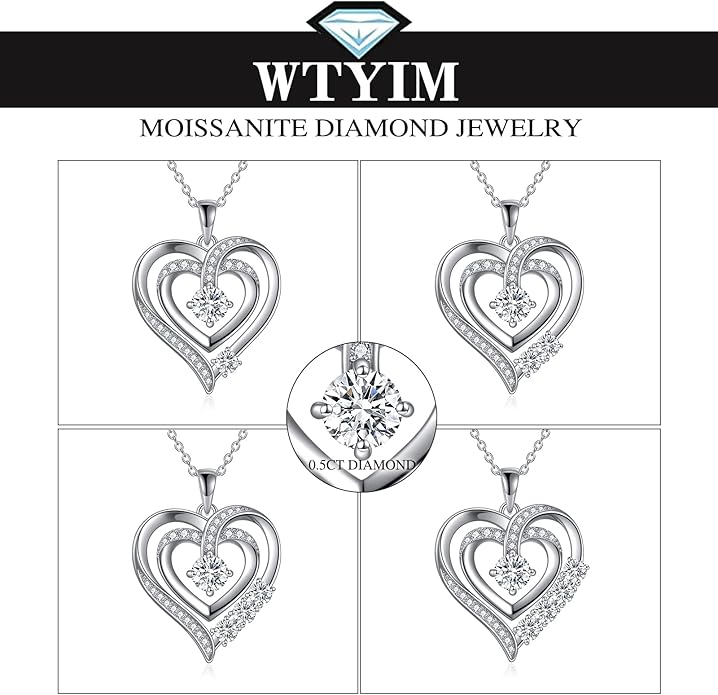 Necklace Gifts for Mom, Mother Child Moissanite Diamond Necklace, 18K White Gold Plated Silver Mother Daughter Heart Pendant Necklace for Women Mom Jewelry Gift for Her Mother Mom Grandma, 18+2 Inch