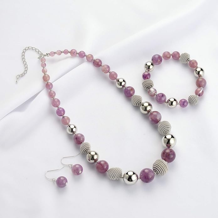 PEARL&CLUB Beaded Chunky Statement Necklace Earring and Bracelet Set Silver Metal Bead Fashion Jewelry Set Mothers’ Day Gifts for Women