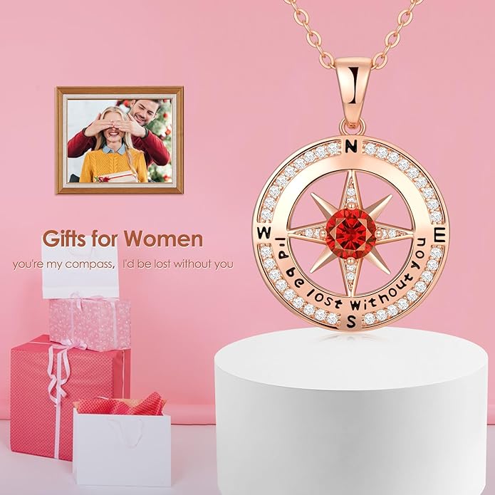 Compass Necklace Gifts for Women wife - S925 Sterling Silver Birthstone Necklaces for Women - Anniversary Birthday Gifts for Her Wife Girlfriend - Valentines Mom Mothers Day Christmas Gifts Jewelry for Women