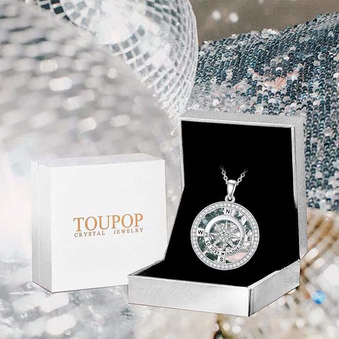 TOUPOP Compass Necklace for Women 925 Sterling Silver I'd be Lost without You Compass Pendant Birthstone Necklaces Anniversary Jewelry Birthday Gift for Girlfriend Wife Graduation Gifts for Her Daugthter