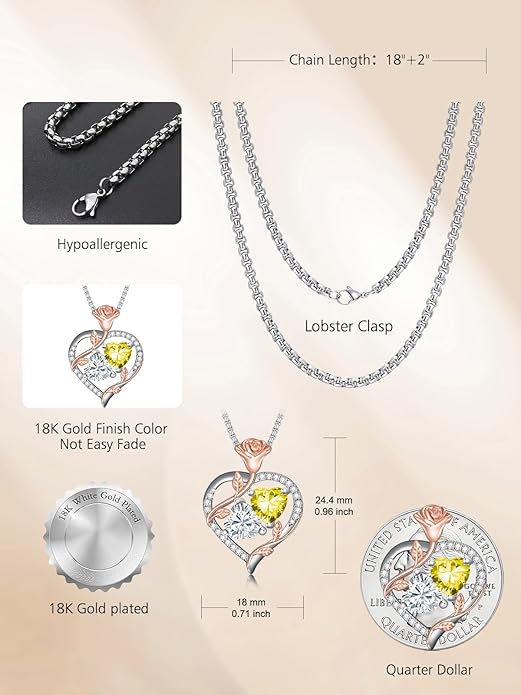 Jewelry for Her Double Heart Rose Birthstone Pendant Necklace Anniversary Jewelry Christmas Birthday Gifts for Women Wife Girlfriend