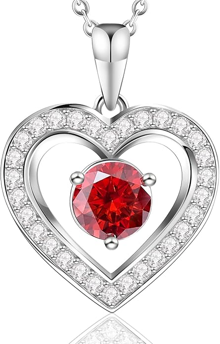 Full Moissanite Heart Necklace - No CZ! 2ct Vibrant Birthstone & 30 White Gems | 12 Month Gifts for Wife, Mom, Her | Anniversary, Valentine's Day, Mother's Day Jewelry