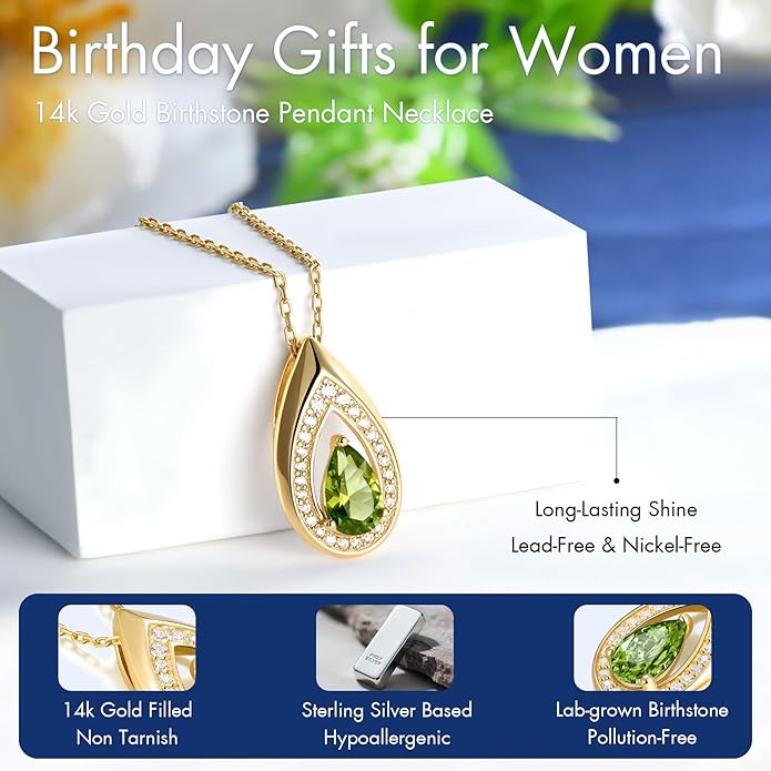 Kstyle 14K Gold Lab-Grown Moissanite/Emerald/Birthstone Pendant Necklaces for Women, Wife Girlfriend Daughter Mom Grandma Gifts, Dainty Birthday Jewelry for Her (925 Sterling Silver Base) Non Tarnish