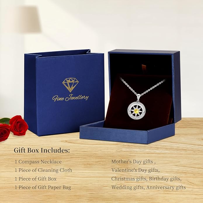 Peeshow Gifts for Women Wife-Compass Birthstone Necklace Gift for Wife Birthday Wedding Anniversary Women Jewelry for Her Girlfriend S925 Sterling Silver