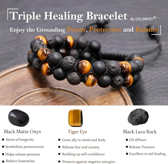 Triple Protection Bracelet for Men Women, Genuine Premium Tiger Eye Black Onyx and Lava Rock 8mm Handmade Bead Bracelet Healing Crystal Protection Bracelets Bring Luck and Prosperity and Happiness