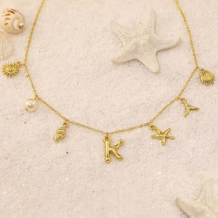 Initial Charm Necklace For Women Shell Letter Necklaces Gold Charms Pendant Boho Summer Seashell Beach 14k Starfish Surfer Jewelry Gifts