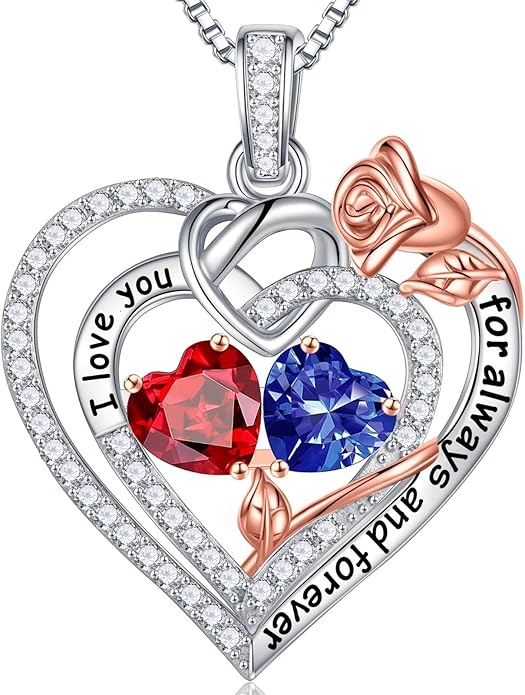 Iefil Rose Heart Necklace Gifts for Wife Women - 925 Sterling Silver Double Birthstone Necklace, Anniversary Birthday Gifts for Women, Jewelry Gift for Wife Girlfriend Mom Her