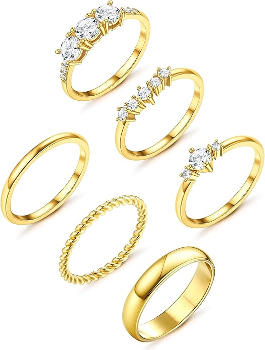 Besteel Gold Rings for Women - Non Tarnish 14K Gold Plated Stackable Rings, Dainty Cubic Zirconia Thin Thumb Ring Set, Trendy Statement Promise Wedding Bands Engagement Rings for Women Size 6-10