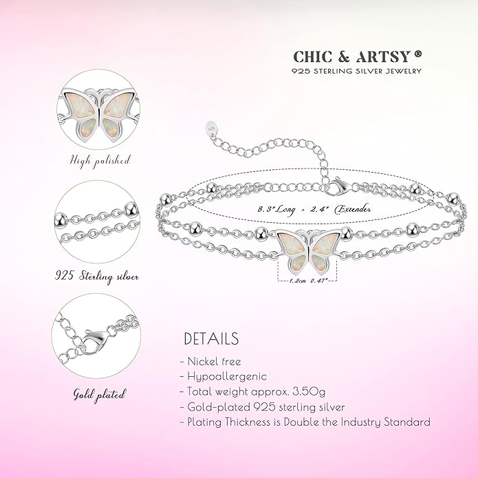 CHIC & ARTSY Womens Sterling Silver Created Opal Layered Anklet Bracelet Dainty Beaded Chain Adjustable 11" Best Friend Anklet