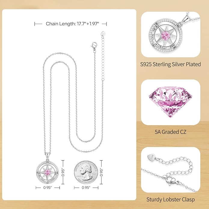 Peeshow Gifts for Women Wife-Compass Birthstone Necklace Gift for Wife Birthday Wedding Anniversary Women Jewelry for Her Girlfriend S925 Sterling Silver