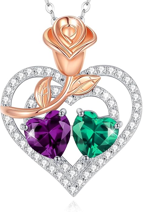 AGVANA Birthstone Necklace for Women Sterling Silver Rose Flower Heart Double Birthstone Jewelry Pendant Necklace Anniversary Birthday Gifts for Women Mom Wife Girlfriend Her