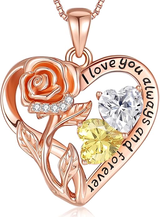 925 Sterling Silver Double Birthstone Rose Flower Heart Jewelry Necklaces for Women Anniversary Love Forever Necklaces for Her Birthday Gifts for Wife Girlfriend Mom Mothers Day Rose Gold