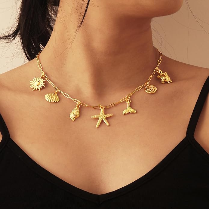 Charm Necklace for Women, 14K Gold Plated Shell Sun Starfish Summer Beach Necklace 16+3" Paperclip Chain Jewelry Gifts