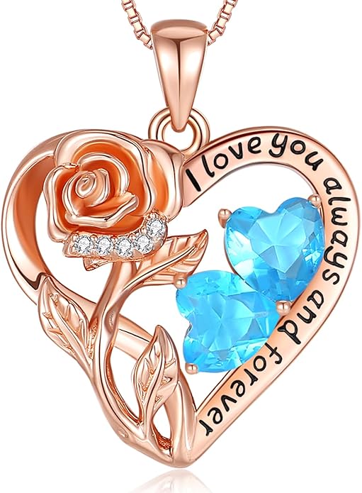 925 Sterling Silver Double Birthstone Rose Flower Heart Jewelry Necklaces for Women Anniversary Love Forever Necklaces for Her Birthday Gifts for Wife Girlfriend Mom Mothers Day Rose Gold