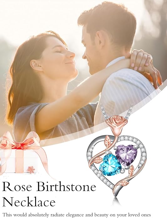 Jewelry for Her Double Heart Rose Birthstone Pendant Necklace Anniversary Jewelry Christmas Birthday Gifts for Women Wife Girlfriend