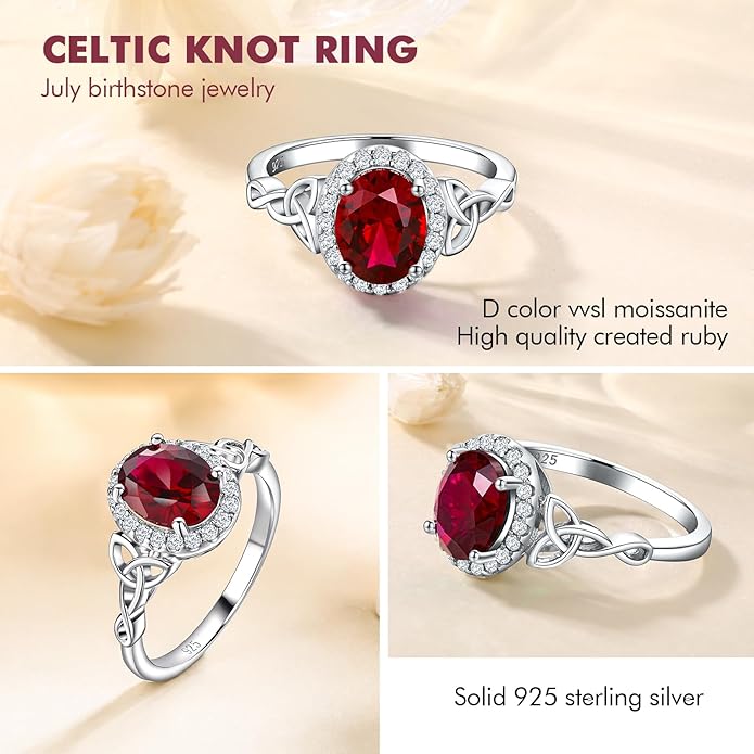 DAYBYDAY Celtic Birthstone Rings for Women 925 Sterling Silver Heart/Round/Pear/Oval Created Gemstone Moissanite Halo Engagement Promise Rings for Her Wife Birthday Anniversary Wedding Jewelry