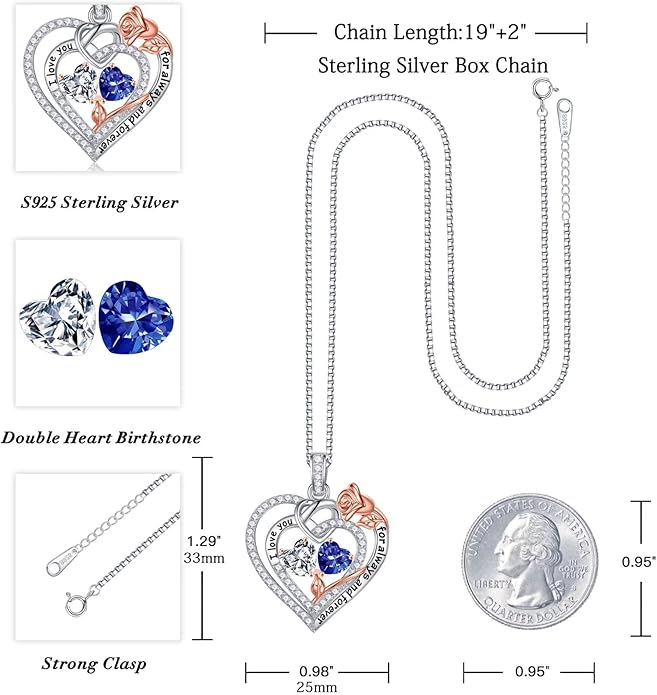 Iefil Rose Heart Necklace Gifts for Wife Women - 925 Sterling Silver Double Birthstone Necklace, Anniversary Birthday Gifts for Women, Jewelry Gift for Wife Girlfriend Mom Her