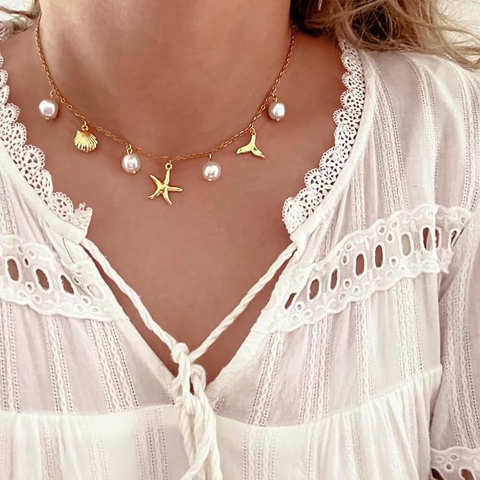 Charm Necklace for Women Pearl Starfish Seashell 14k Gold Summer Beach Surfer Jewelry Necklace Gifts