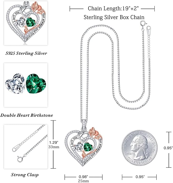 Iefil Rose Heart Necklace Gifts for Wife Women - 925 Sterling Silver Double Birthstone Necklace, Anniversary Birthday Gifts for Women, Jewelry Gift for Wife Girlfriend Mom Her