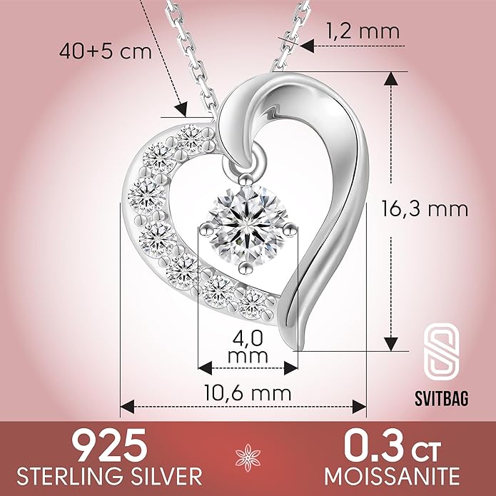 Sterling Silver Moissanite Pendant Necklace, 0.3 CT Center Stone, Curved Design with Crystal Accents