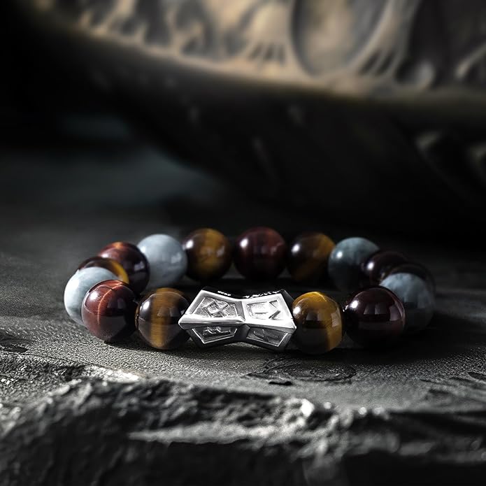 AWNL® Men's Beaded Bracelet with Sterling Silver Engraved Runes Charm 12mm Bronzite Dumortierite Obsidian Natural Gemstone Gift for Men, 6.1''-7.9''
