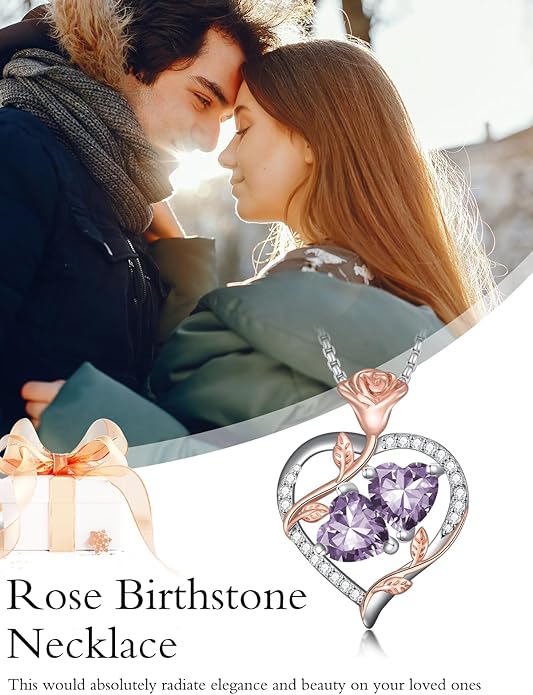 Jewelry for Her Double Heart Rose Birthstone Pendant Necklace Anniversary Jewelry Christmas Birthday Gifts for Women Wife Girlfriend