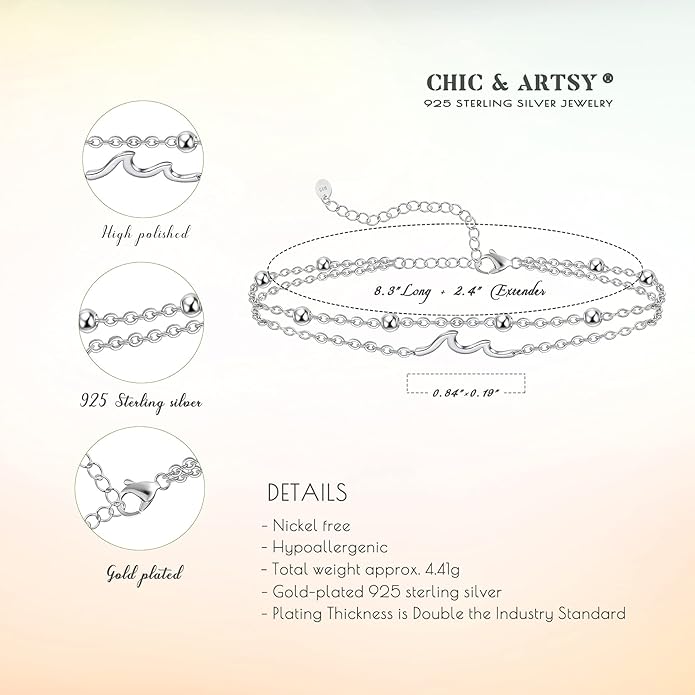 CHIC & ARTSY Womens Sterling Silver Created Opal Layered Anklet Bracelet Dainty Beaded Chain Adjustable 11" Best Friend Anklet