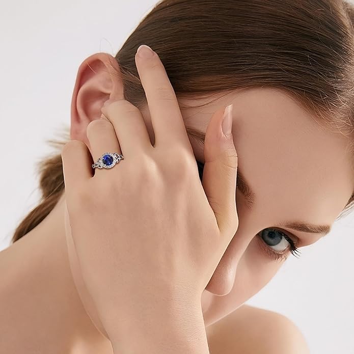 DAYBYDAY Celtic Birthstone Rings for Women 925 Sterling Silver Heart/Round/Pear/Oval Created Gemstone Moissanite Halo Engagement Promise Rings for Her Wife Birthday Anniversary Wedding Jewelry