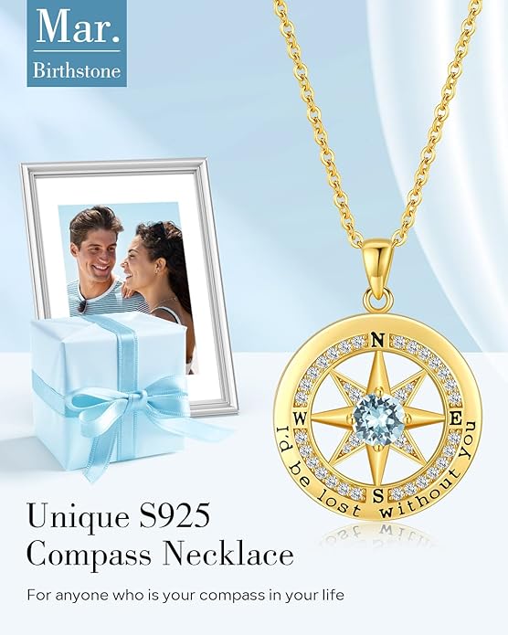 S925 Necklace Gift for Wife |Compass Jewelry |Women Anniversary |Sterling Silver |Girlfriend Birthday Gifts for Her Valentines |I'd be Lost without You |Jewel 18K Gold