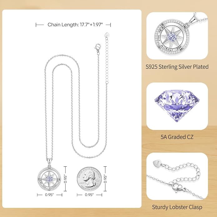 Peeshow Gifts for Women Wife-Compass Birthstone Necklace Gift for Wife Birthday Wedding Anniversary Women Jewelry for Her Girlfriend S925 Sterling Silver