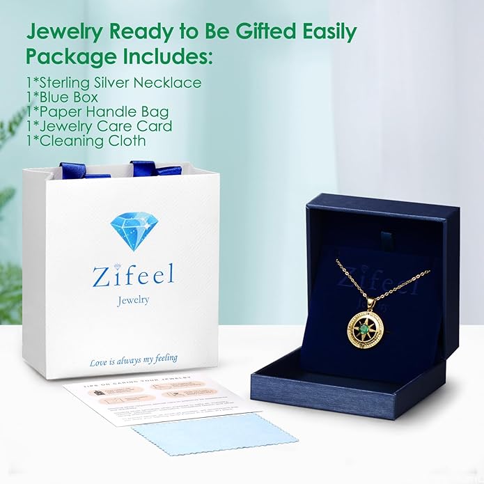 Compass Necklace Gifts for Women wife - S925 Sterling Silver Birthstone Necklaces for Women - Anniversary Birthday Gifts for Her Wife Girlfriend - Valentines Mom Mothers Day Christmas Gifts Jewelry for Women