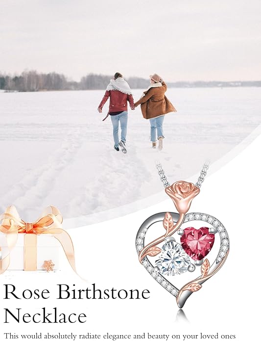Jewelry for Her Double Heart Rose Birthstone Pendant Necklace Anniversary Jewelry Christmas Birthday Gifts for Women Wife Girlfriend