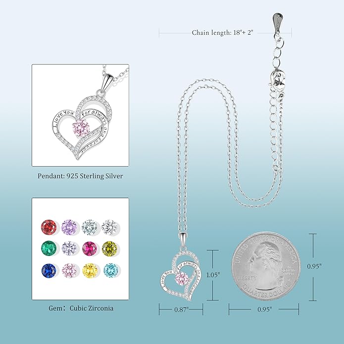 Heart Birthstone Silver Necklace for Women, S925 Sterling Silver Pendant Necklace Birthday Jewelry Gifts for Her Mother Mom Wife Girlfriend