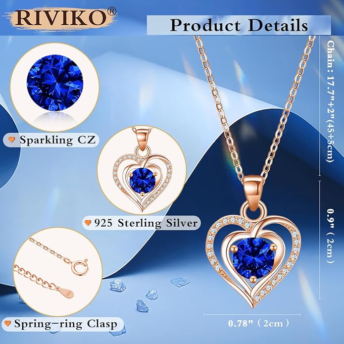 RIVIKO Heart Birthstone Pendant Necklace for Women 925 Sterling Silver Zirconia Necklaces Wedding Anniversary Birthday Mothers Day Jewelry Gifts For Her Mother Wife
