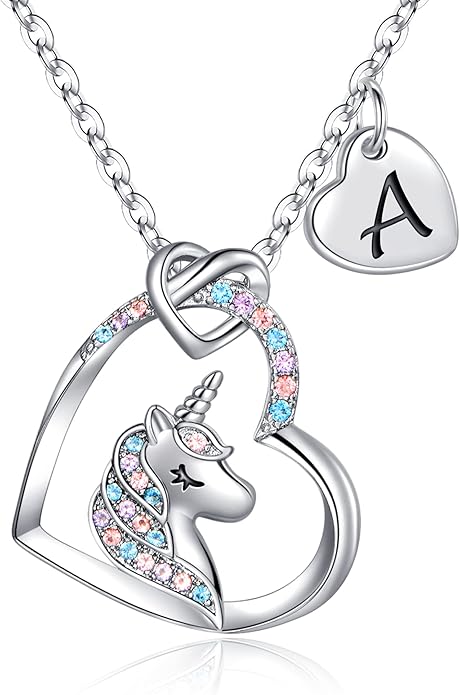 Hidepoo Unicorn Necklace Gifts for Girls Daughter - Colorful CZ Heart Pendant Initial Unicorn Necklaces for Girl Teens Little Girls Jewelry Birthday Gift