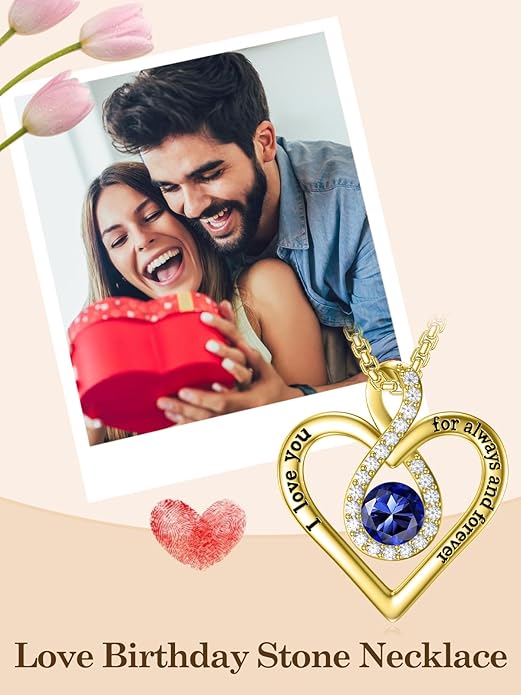 I Love You For Always and Forever Birthstone Necklace Infinity Love Heart Pendant Jewelry Christmas Valentine Mothers Day Birthday Gifts for Women Her Wife Girlfriend