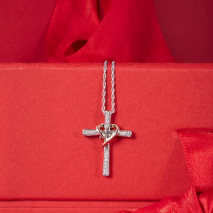 Jewelili Cross Heart Necklace Pendant in Yellow Gold or Rose Gold over Sterling Silver with 1/10 CTTW Natural White Round Diamonds and 18 inch Rope Chain