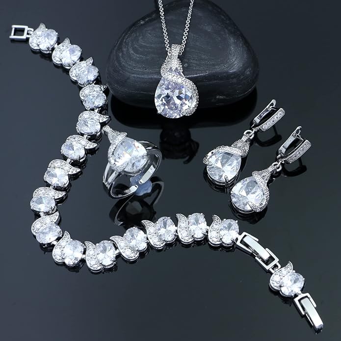 GZWHD Jewelry Set for Women Water Drop Cubic Zirconia Artificial Crystal Earrings Pendant Necklace Open Ring Tennis Bracelet Wedding Anniversary Birthday Engagement Gift for Bridesmaid Wife Girlfriend Friend